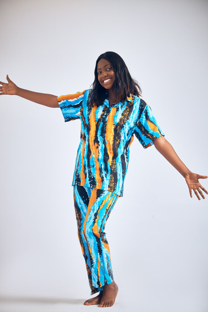 Two-Piece Chiffon Blouse and Pants (Yellow & Blue)