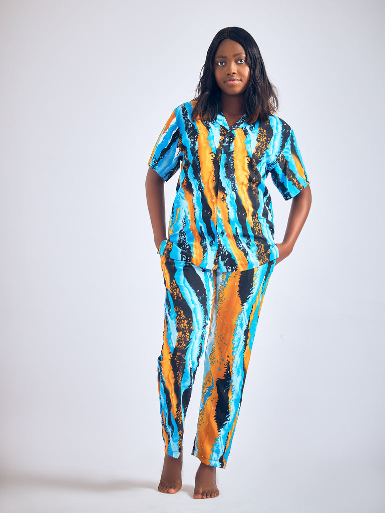 Two-Piece Chiffon Blouse and Pants (Yellow & Blue)
