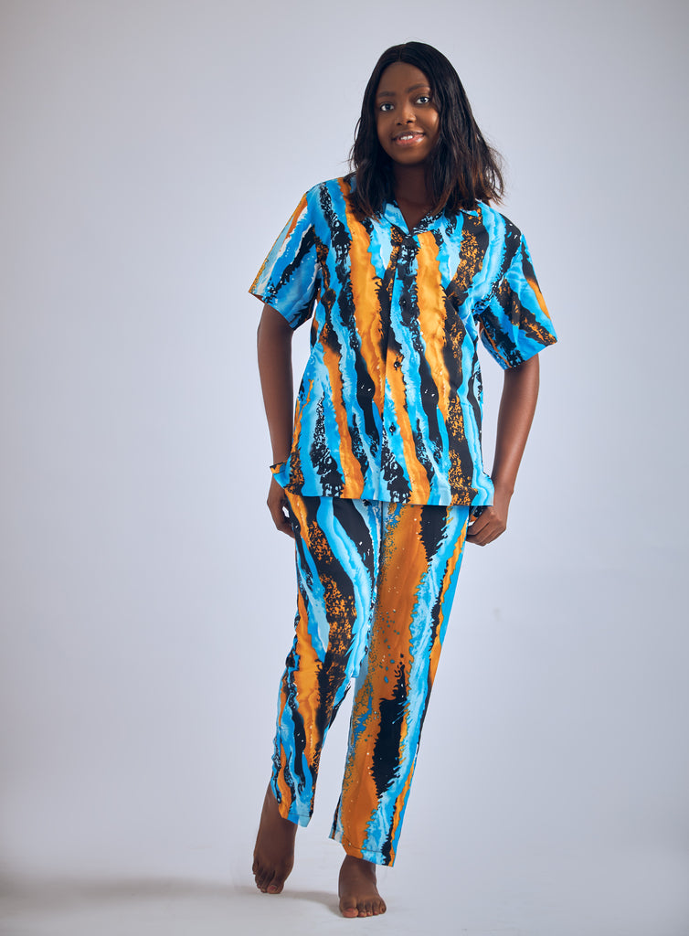 Two-Piece Chiffon Blouse and Pants (Yellow & Blue)