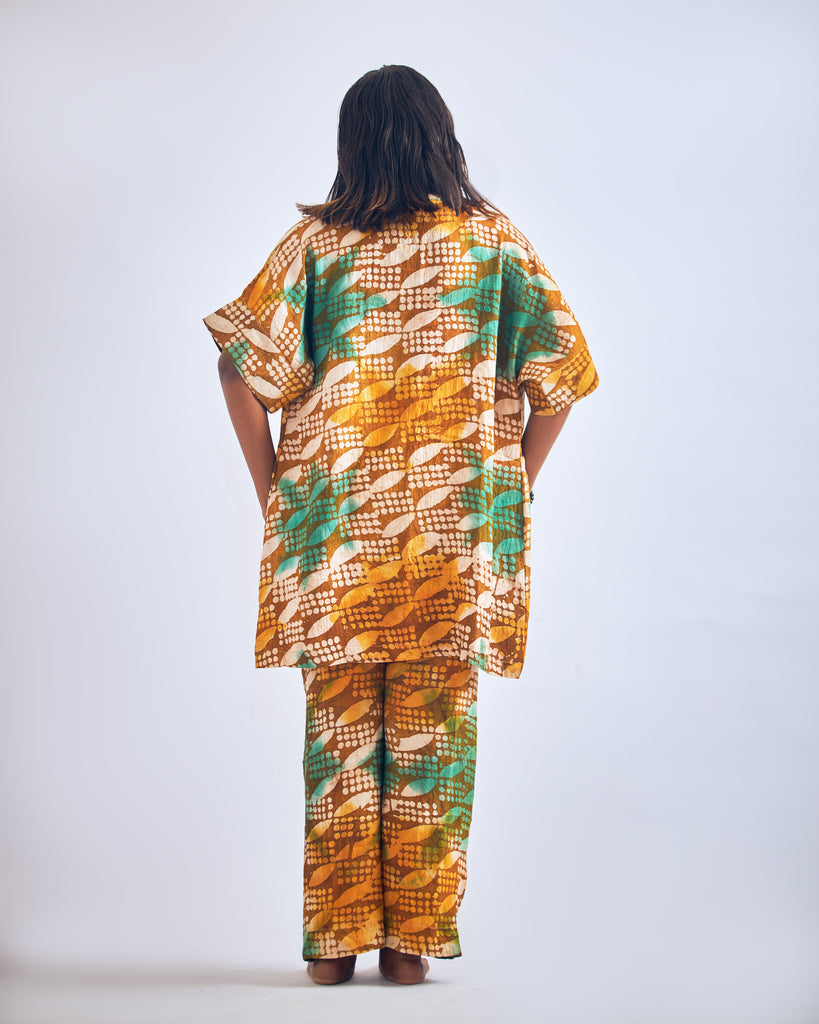 Ankara Adire Two-Piece Kimono and Pant (Yellow & Green)