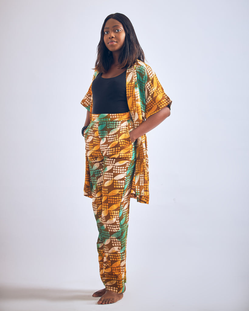 Ankara Adire Two-Piece Kimono and Pant (Yellow & Green)