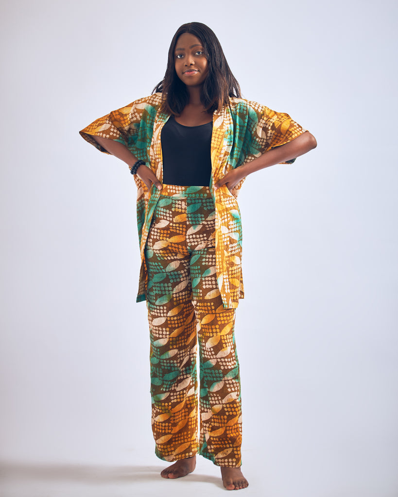 Ankara Adire Two-Piece Kimono and Pant (Yellow & Green)