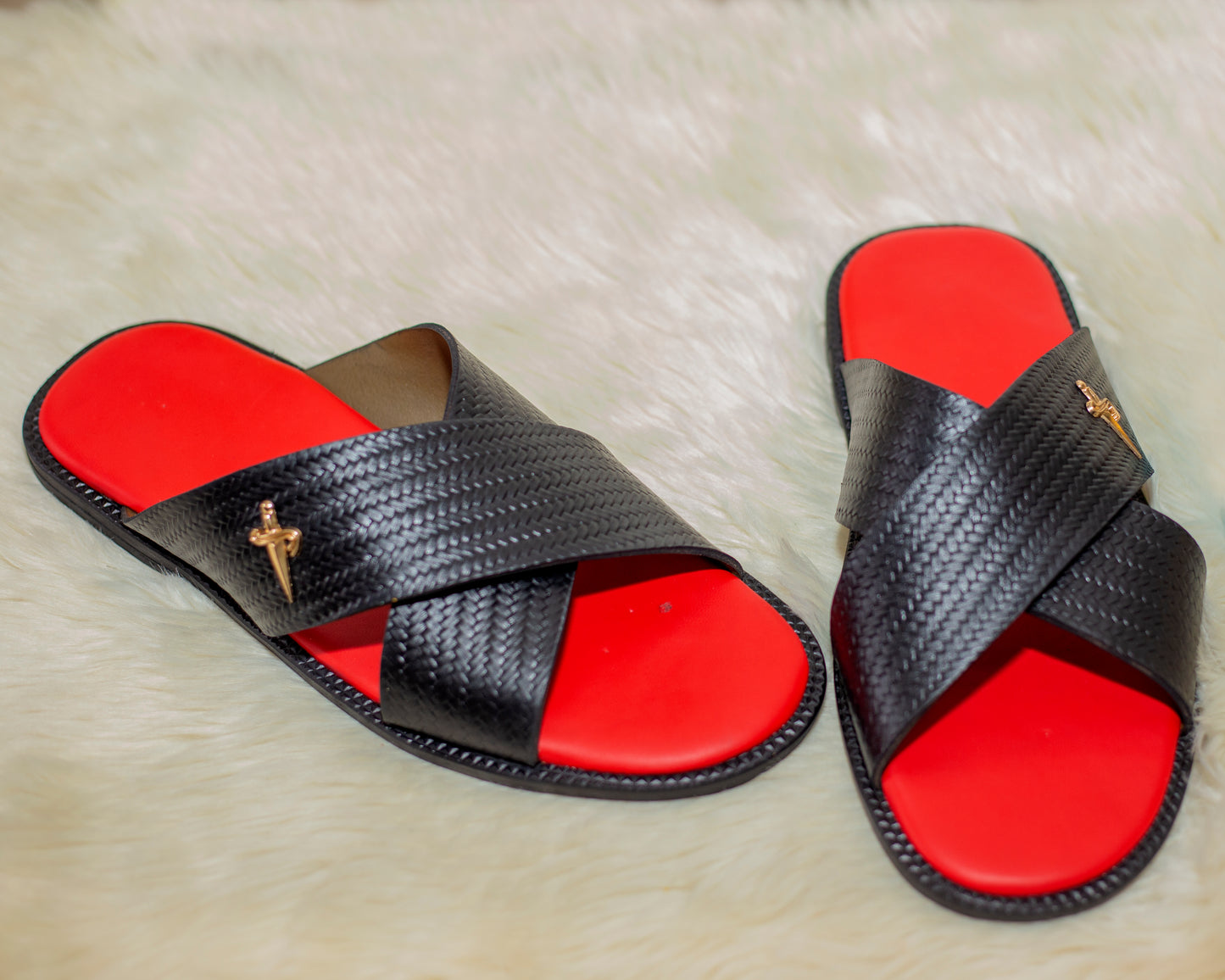 Black leather Criss-Cross Palm Slides