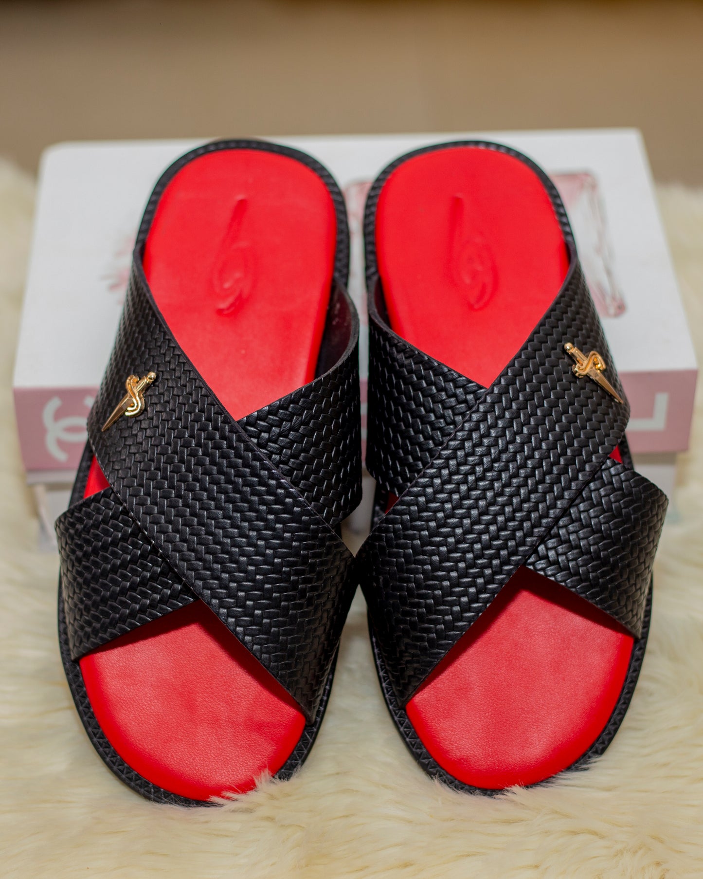 Black leather Criss-Cross Palm Slides